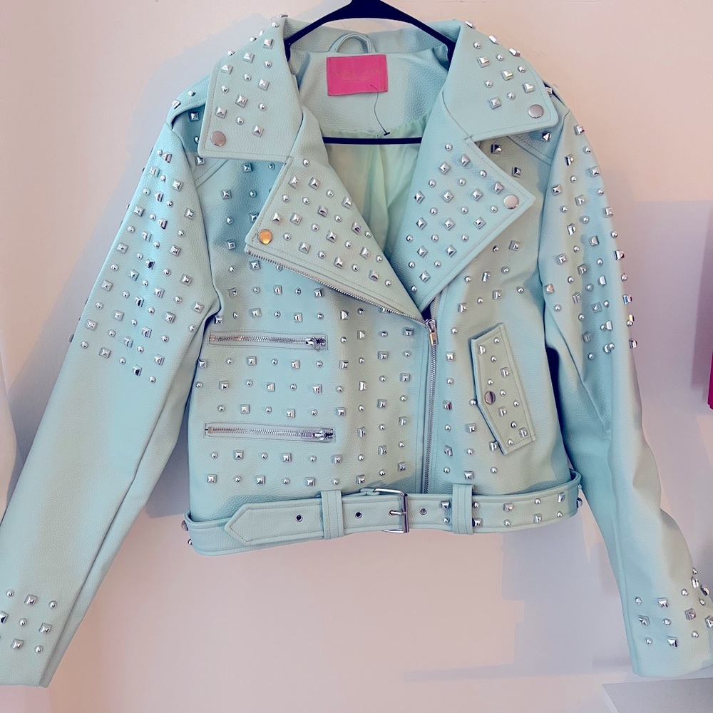 Mint green studded moto jacket